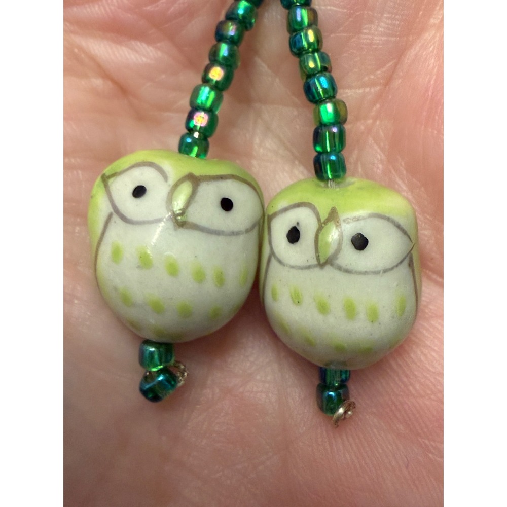Handmade Ceramic Owl Drop Earrings Green Teal Beaded Whimsical Boho Woodland